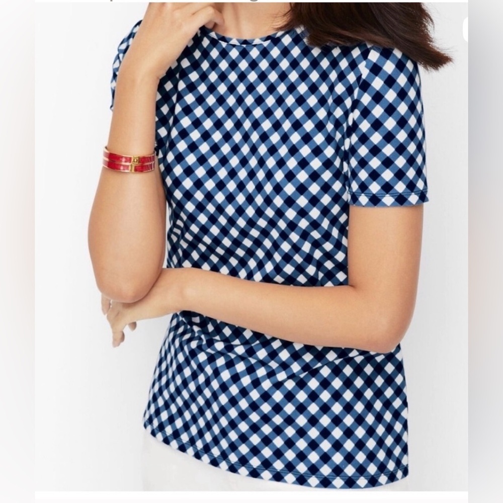 The Talbots Tee Shirt in Navy & White Gingham Short Sleeve Top, Size XL.